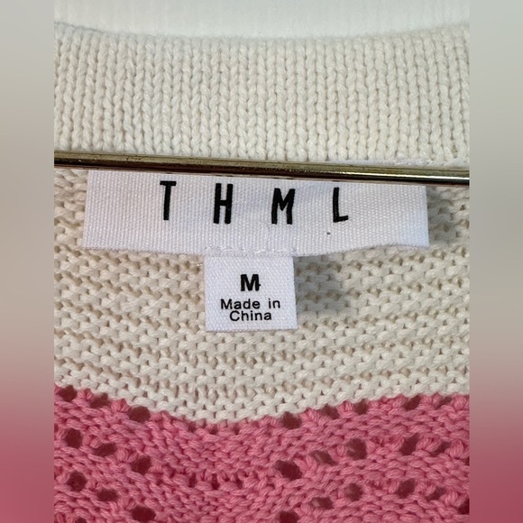 THML Anthropologie M Knit Cotton Sweater Wavy Stripe V Neck Flutter Sleeves Pink - Picture 8 of 12